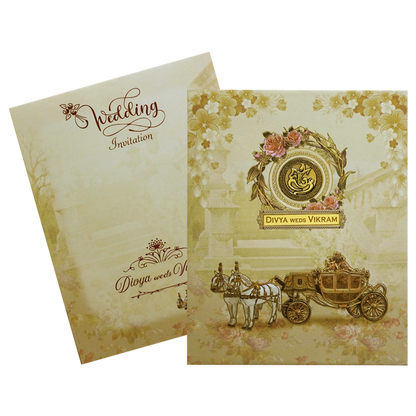 Cream Horse Chariot Padded Wedding Card-KNMO9301