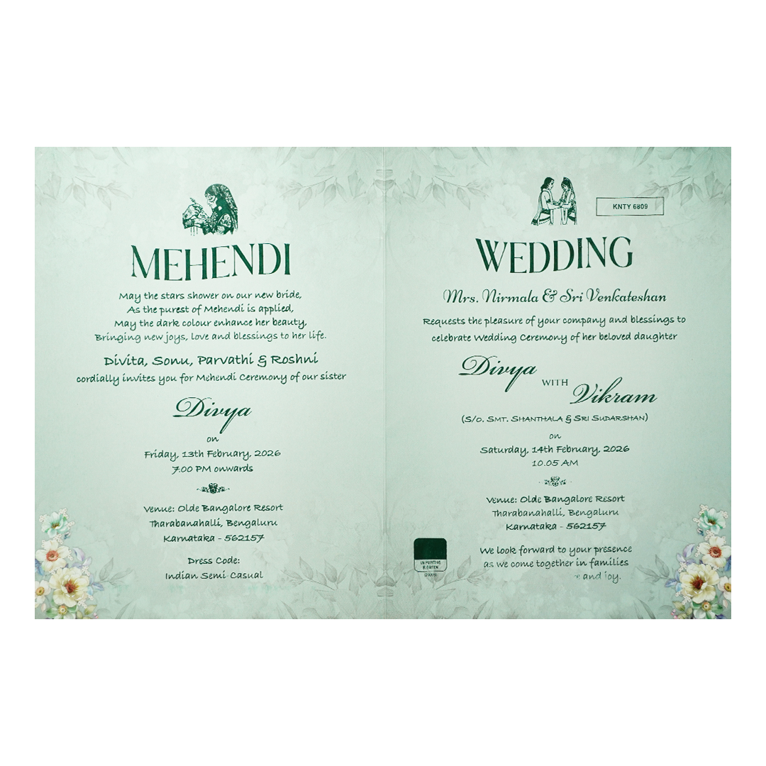 Blue Pastel Floral Oval Wedding Card-KNTY6809