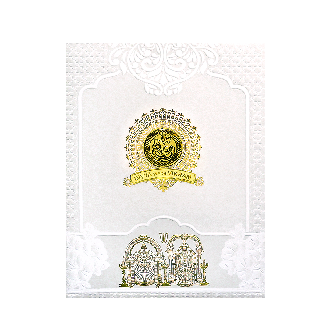 White Balaji Padmavathi Nameplate Wedding Card-KNJS2090