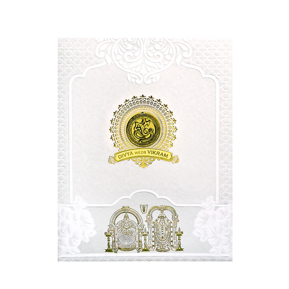 White Balaji Padmavathi Nameplate Wedding Card-KNJS2090