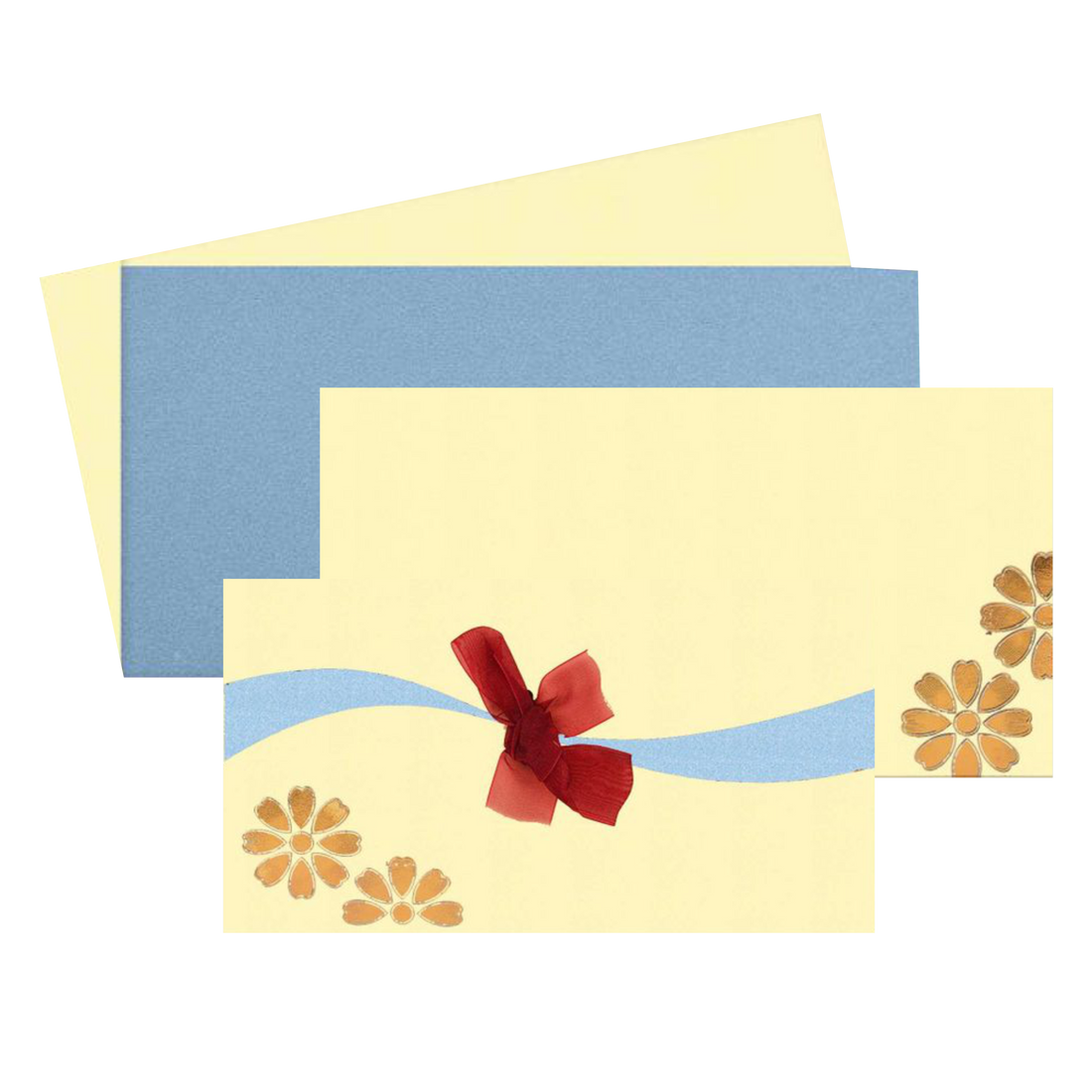 This wedding card is a personal type wedding card. This card has a unique ribbon at the centre which makes it looks trendy. This card has a flower theme with gold shading. Reach us to know more about the card.