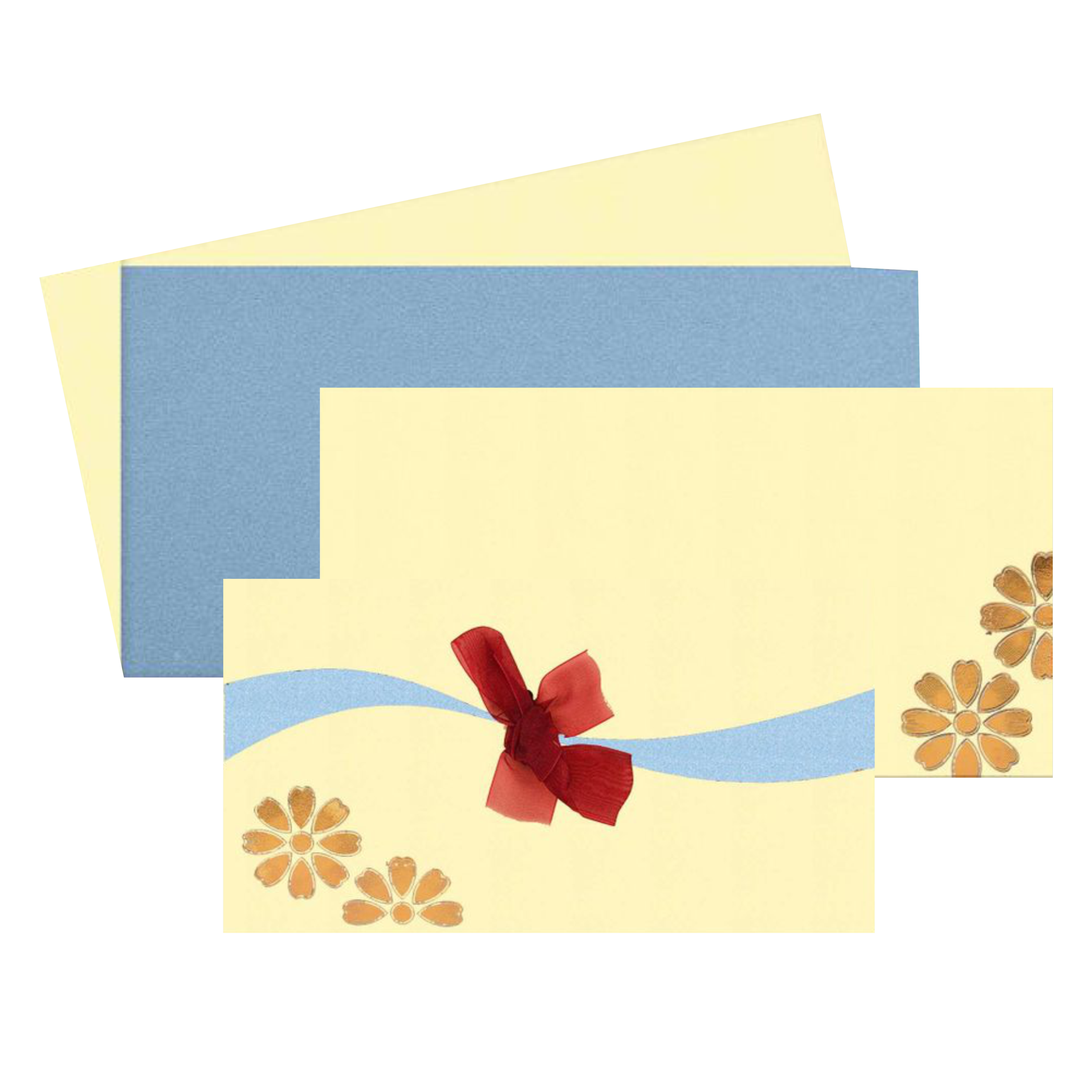 This wedding card is a personal type wedding card. This card has a unique ribbon at the centre which makes it looks trendy. This card has a flower theme with gold shading. Reach us to know more about the card.