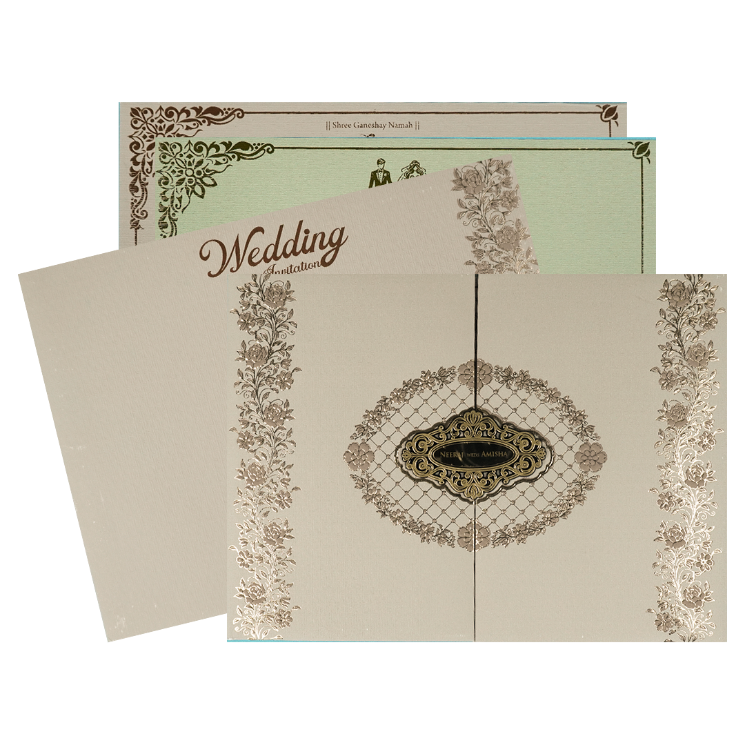 Check out Grey Gold Floral Padded Wedding Card at best price. ✅WhatsApp Support ✅Express Delivery.|King of cards.
