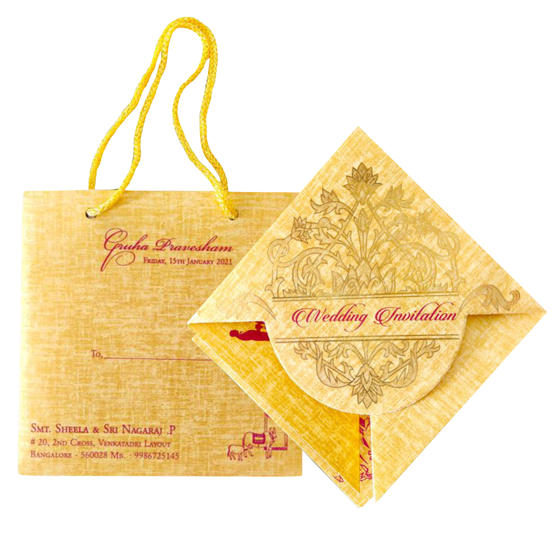 Gold Designer Personal Invitation Card In Gold Foiling Print With Bag-KNF9101G