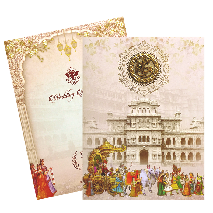 Cream Traditional Dholi Wedding Card-KNKC4068
