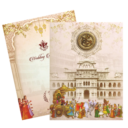 Cream Traditional Dholi Wedding Card-KNKC4068