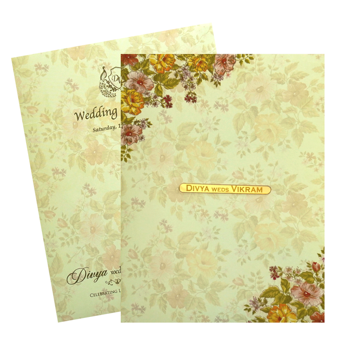 Olive Green Classic Designer Floral Offset Wedding Card With Name Plate-KNKC4031-King of Cards