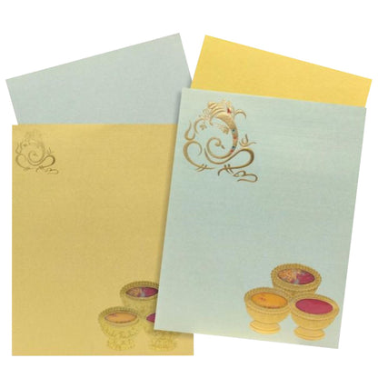Lovely Light Green Shading With Ganesha Theme Padded Wedding Card - KNK2616
