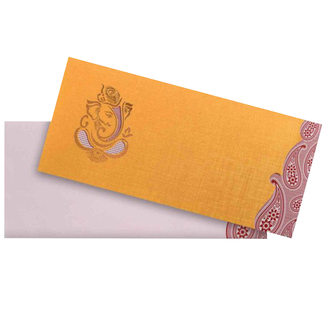 Gold Foiling Ganesha With Cut Design Border Wedding Card-KNSPM308